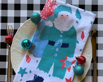 Santa Tea Towel makes lovely Coastal Christmas decor, perfect holiday hostess gift, holiday hand towel and unique teacher gift idea