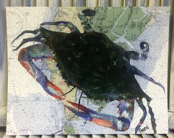 Blue Crab Art; Chesapeake nautical chart with blue crab is cool print ready to frame, 11 x 14"