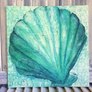 Scallop Shell beach print, distressed seashell coastal wall art, 11 x 11&quot;