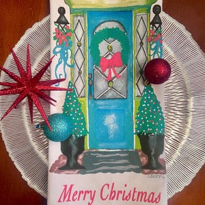 Holiday tea towel with Merry Christmas,Christmas Door Art, Turquoise tea towel, Pretty teacher gift, Holiday Hand towel, Gift exchange idea