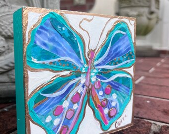Peinture papillon turquoise, art papillon original, cadeau pour diplômé, idée cadeau enseignant, décoration papillon, jolie étagère d'art, 5 x 5 x 1,5 po.