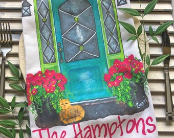Theedoek met The Hamptons en lichte voordeur, prachtig cadeau met Long Island-thema, 22 x 32"