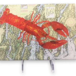 Lobster Canvas Art on Maine Nautical Chart, hangs on wall on stands on easel, 5 x 7&quot;