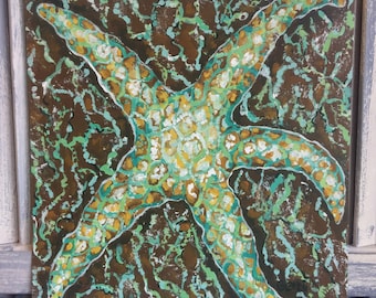 Starfish art print, beach house artwork, beach print, coastal print, ocean art, coastal wall art, shabby chic art, starfish artwork 11 x 11"