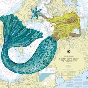 Impresión de sirena con carta náutica de Long Island, Arte de sirena, regalo temático de Nueva York, 11 x 14"