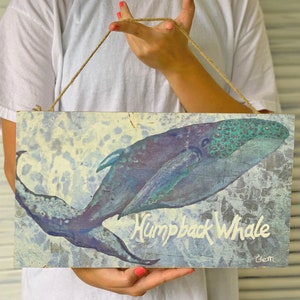 Whale Art on Wood, Sign for Beach house, 8 x 14&quot;