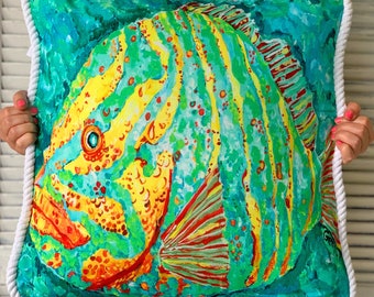 Coussin côtier avec poissons tropicaux pour décoration de maison de plage, coussin poisson, décoration poisson mérou, coussin poisson coloré 20 x 20 po