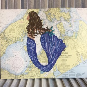 Impresión de Long Island con sirena; Arte de Nueva York; Regalo de Long Island; Arte de la sirena; Regalo temático de Nueva York; Decoración de la sirena; impresión de la carta náutica