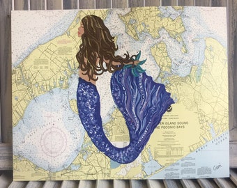 Long Island Print with Mermaid; New York Art; Long Island gift; Mermaid art; New York themed gift; Mermaid Decor; nautical chart print