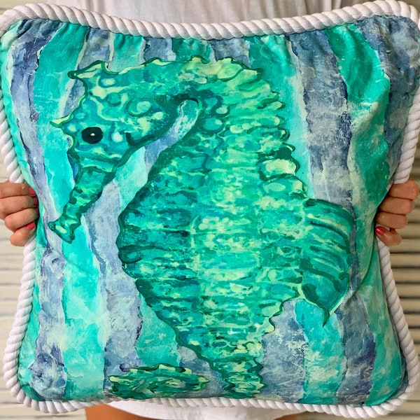 Seahorse Pillow in shades of aqua, turquoise, & blue, constructed from soft cotton duck fabric, 20 x 20"