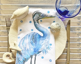 Tea Towel with Blue Heron is perfect for bar decor, guest, dishtowel, and hostess gift,  Large size,  22 x 32"