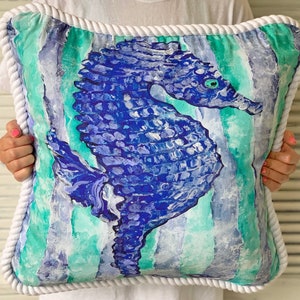 Almohada de playa con caballito de mar, perfecta para la decoración costera del hogar, 20 x 20&quot;