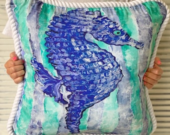 Beach pillow with Seahorse, perfect for Coastal Home Decor, 20 x 20"