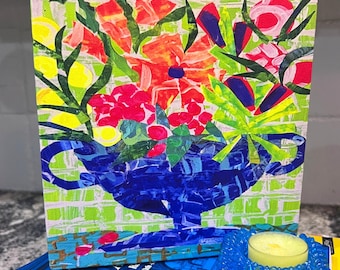 キャンバス油絵 専用 カラフルなお花をたくさん入れた花瓶 happy