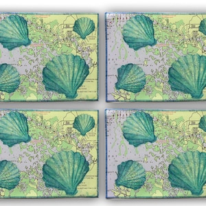 Scallop shell placemats on Crystal River,Florida nautical chart;  set of 4, 12 x 16&quot; each