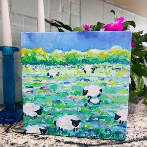Schapen schilderen, mooie canvas print, schapen grazende kunst, schapen kunst, kinderkamer kunst, geschenk van kunst, schilderij van schapen, 8 x 8 x 1,5&quot;