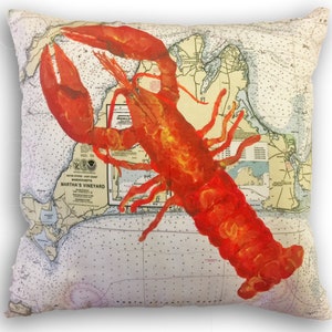 Almohada Martha's Vineyard con langosta; encantador arte de carta náutica; ideal para la decoración de la casa de playa, 13 x 19"