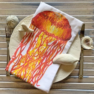Jellyfish hand towel, lovely in the coastal kitchen or as bar decor, large at 21 x 32&quot;
