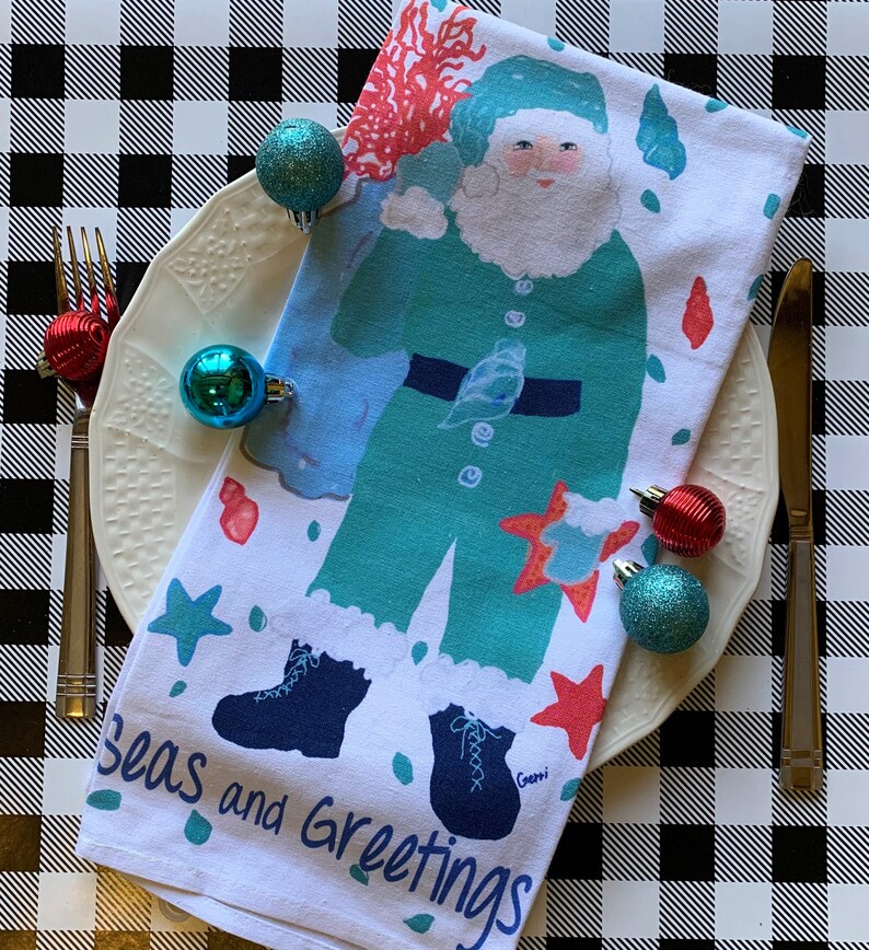 Coastal Christmas Kitchen Towel Santa Claus Decor 22 X - Etsy