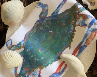 Blue Crab Tea Towel, Flour Sack Cotton, Large  22 x 32"