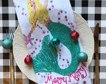 Christmas Mermaid Hand Towel, Mermaid Lover Gift, Coastal Tea Towel, Gift Exchange Idea, Secret Santa Gift for Girl