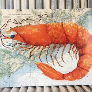 Konsttryck från Charleston med sjökort och räkor; Unik present med South Carolina-tema; 28 x 36 cm