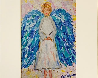 Angel Art, Matted Christmas Print, lovely holiday gift, 8 x 10"