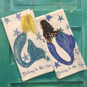 Mermaid Decor, Tea Towels set of 2; mermaid towels as kitchen towels, dish towels, hand towels, and bar towels; great for kitchen decor too