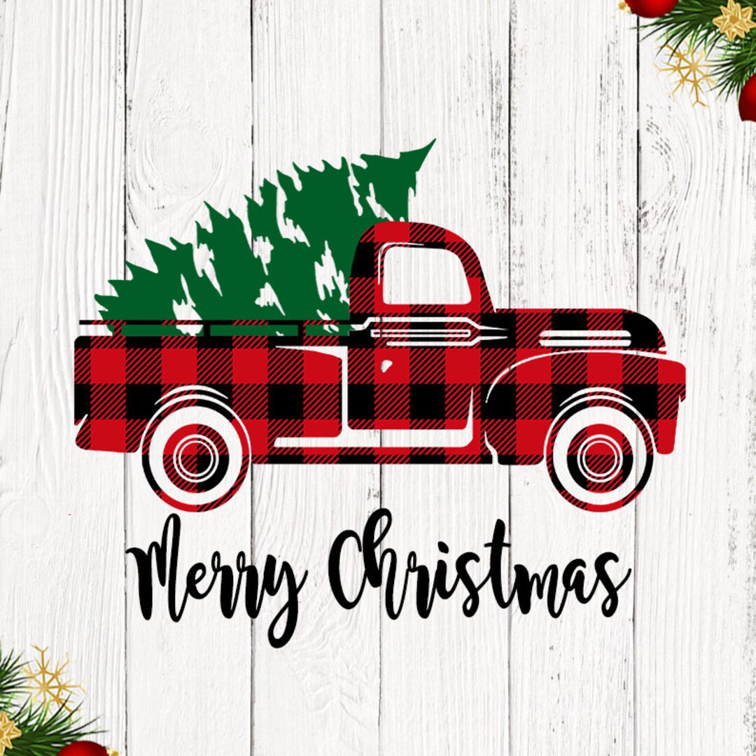 Merry Christmas Vinyl Decal, Red Christmas Tree Truck Decal, Buffalo