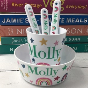 Personalised Kids Dinner Set with Rainbows, Bowl, Cup & Cutlery with Child's Name, Gift for Toddlers