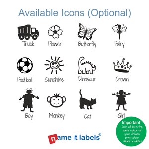 May include: A sheet of black and white icons for use on labels. The icons include a truck, flower, butterfly, fairy, football, sunshine, dinosaur, crown, boy, monkey, cat, and girl. The text "name it labels" is at the bottom of the sheet.