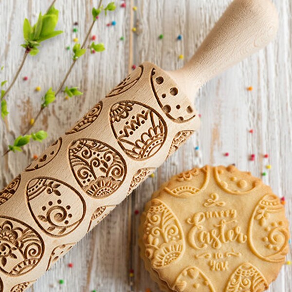 Easter Eggs Rolling Pin Embossing Happy Easter Cookies Stamp Laser Engraved Spring Pattern Cookie Roller