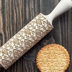 Damask Embossing Rolling Pin Ornament Cookie Stamp Engraved Pattern Rolling Pin Cookie roller gift for her image 1