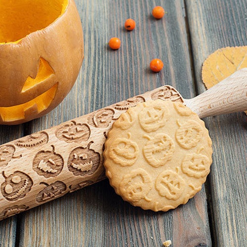 Pumpkin rolling pin, cookie stamp, embossing rolling pin,  Halloween Holiday theme, Jack-o'-lantern
