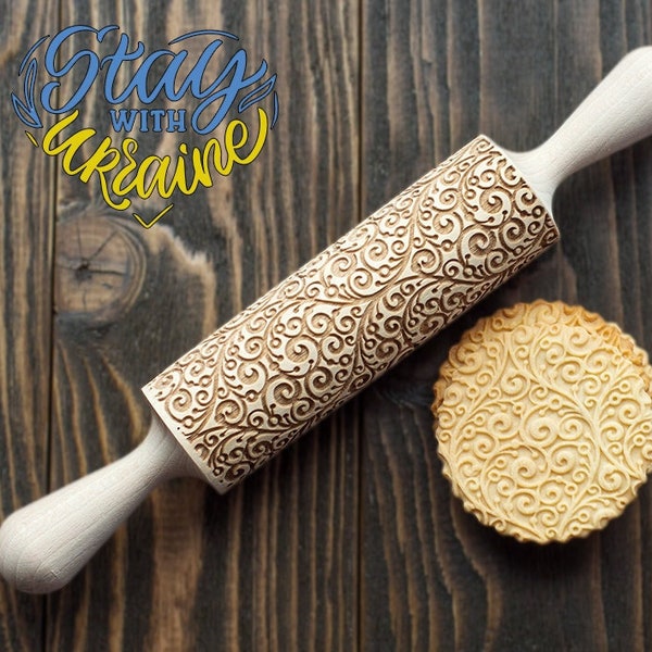 Curly Patterned Rolling Pin 3D Cookie Stamp with Floral Motif