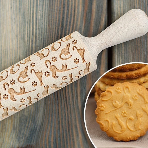 Lazy Cats Rolling pin, cookie stamp, engraved cat pattern, embossing rolling pin with catlike paws