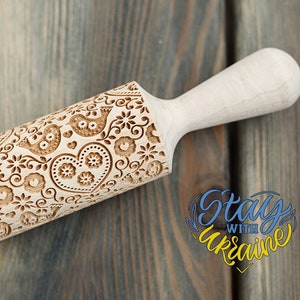 Birds & Hearts Pattern Laser Cut Wooden Embossing Rolling Pin, Cookies decorating roller with hearts, Bird Textured Rolling Pin