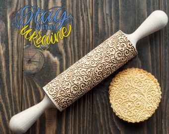 Curly Patterned Rolling Pin 3D Cookie Stamp with Floral Motif