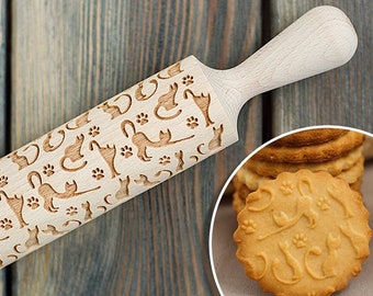 Lazy Cats Rolling pin, cookie stamp, engraved cat pattern, embossing rolling pin with catlike paws