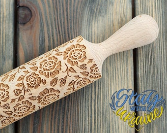 Roses Rolling pin, Sello floral de galletas, Rodillo de patrón grabado de flores rosadas, Rodillo en relieve