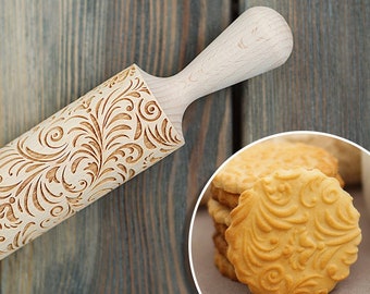 Flowers 3d Rolling pin, Cookie stamp, engraved floral pattern, Embossing Roller Pin