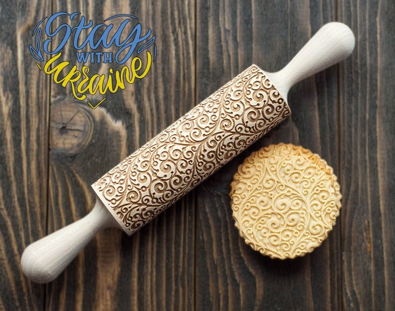 Curly Patterned Rolling Pin 3D Cookie Stamp with Floral Motif image 1