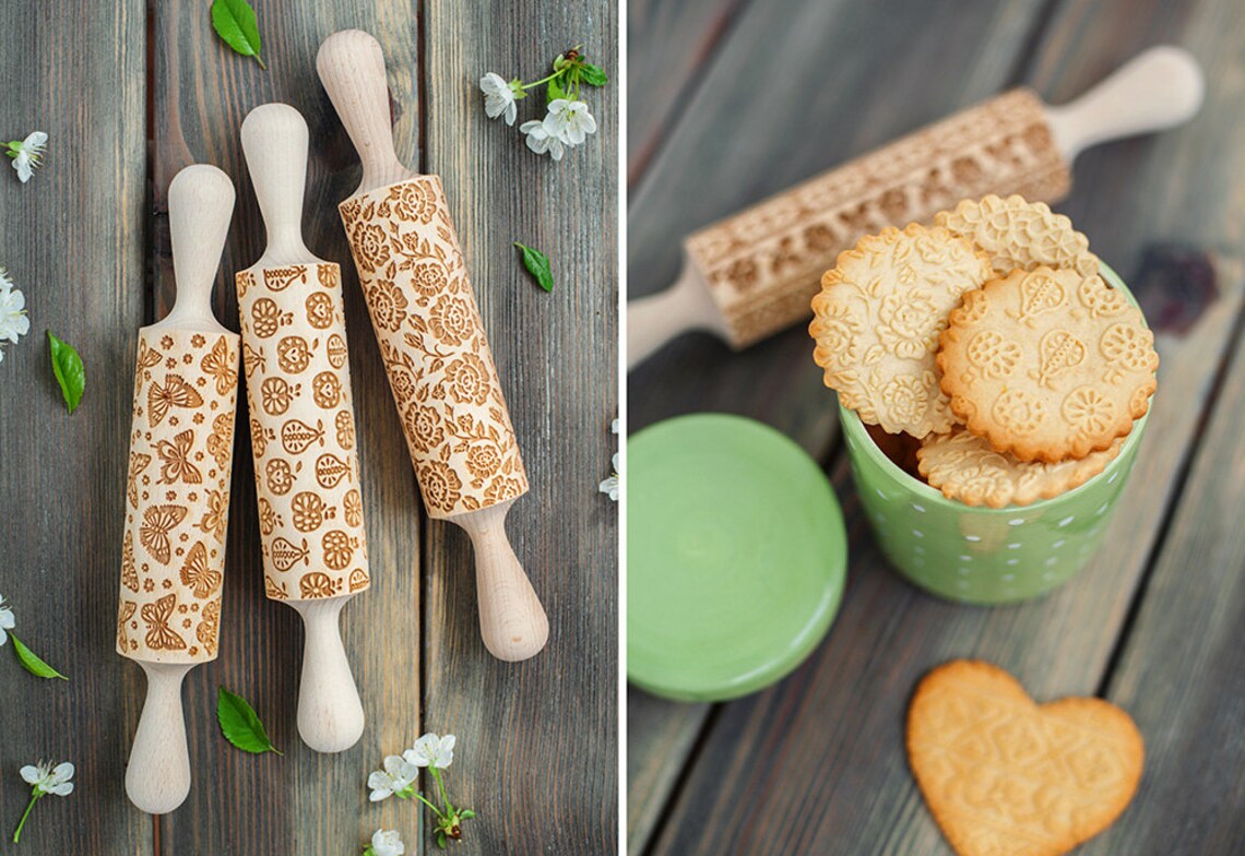 Roses Rolling Pin Floral Cookie Stamp Rosy Flowers Engraved Etsy