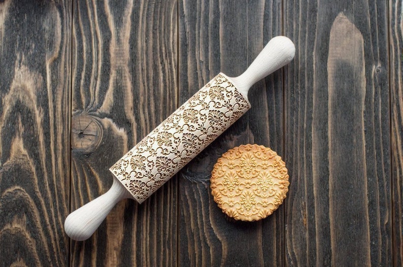 Damask Embossing Rolling Pin Ornament Cookie Stamp Engraved Pattern Rolling Pin Cookie roller gift for her image 1