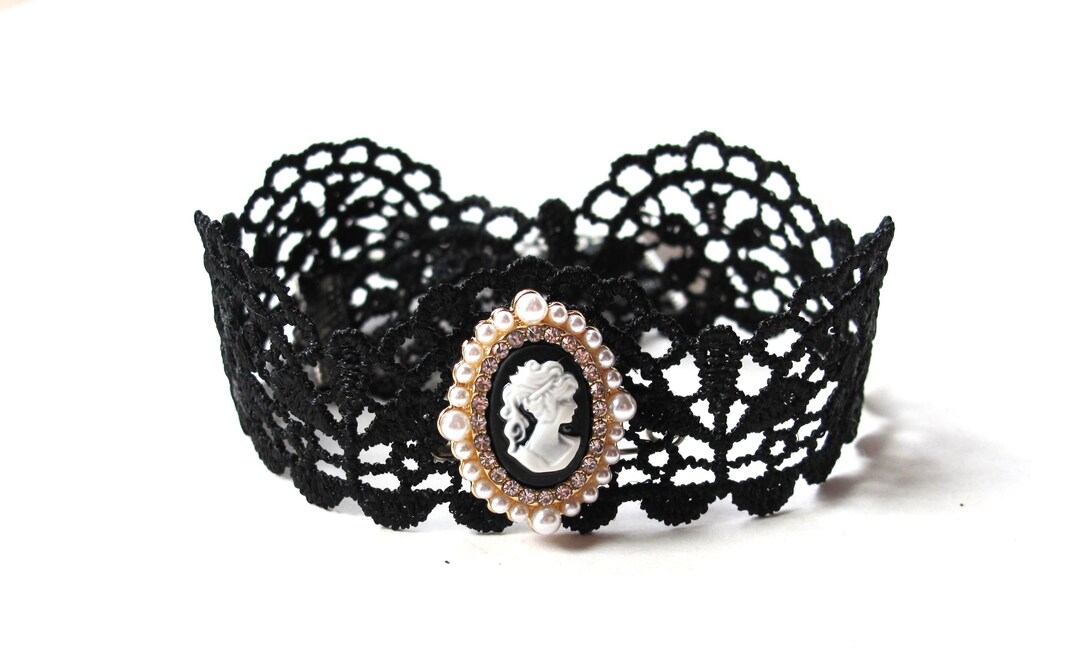 Black Lace Cameo Choker Necklace: Gothic Embroidery Collar - Etsy