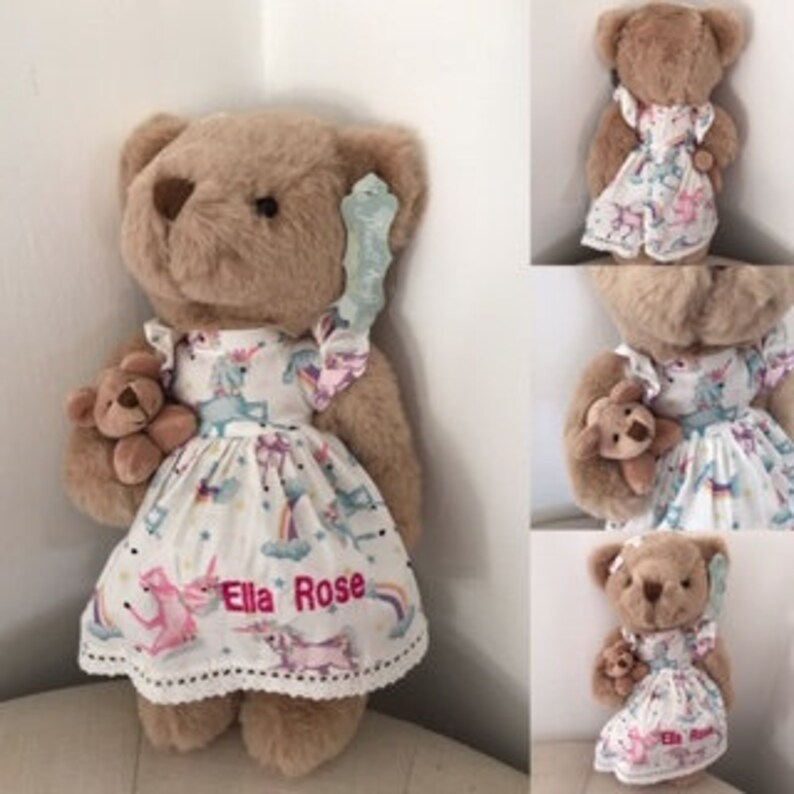 Personalised Rainbow Unicorn Teddy Bear With Baby Bear Etsy