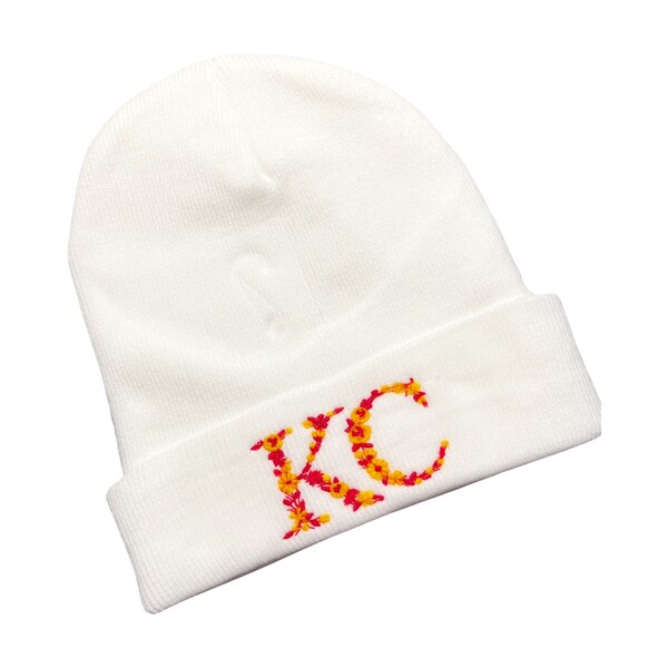 Handmade Embroidered Sports Beanie - Vibrant KC Team Colors, Cozy Knit Cap for All Ages