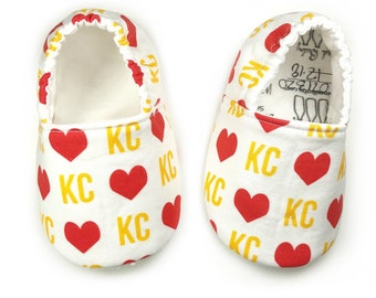 Heart KC Moccasins / Football Baby Moccs/ Mocs / Infant Moccasins / Baby Shoes / Toddler Slippers / Vegan / Kansas City Baby Gift
