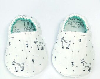 Adorable Goat Print Baby Moccasins - Vegan Soft Sole Shoes Made in Kansas City