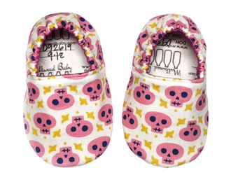 Spooky Pink & Mustard Baby Moccasins - Skull Halloween Baby Girl Shoes - Newborn to Toddler Sizes